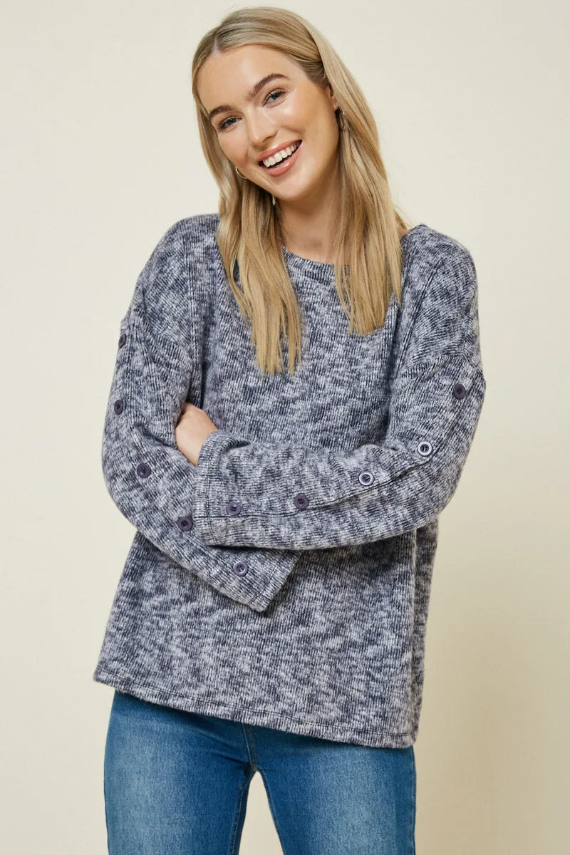 Multi Pocket Layout Layered Hem Design Button Sleeve Brushed Knit Sweater