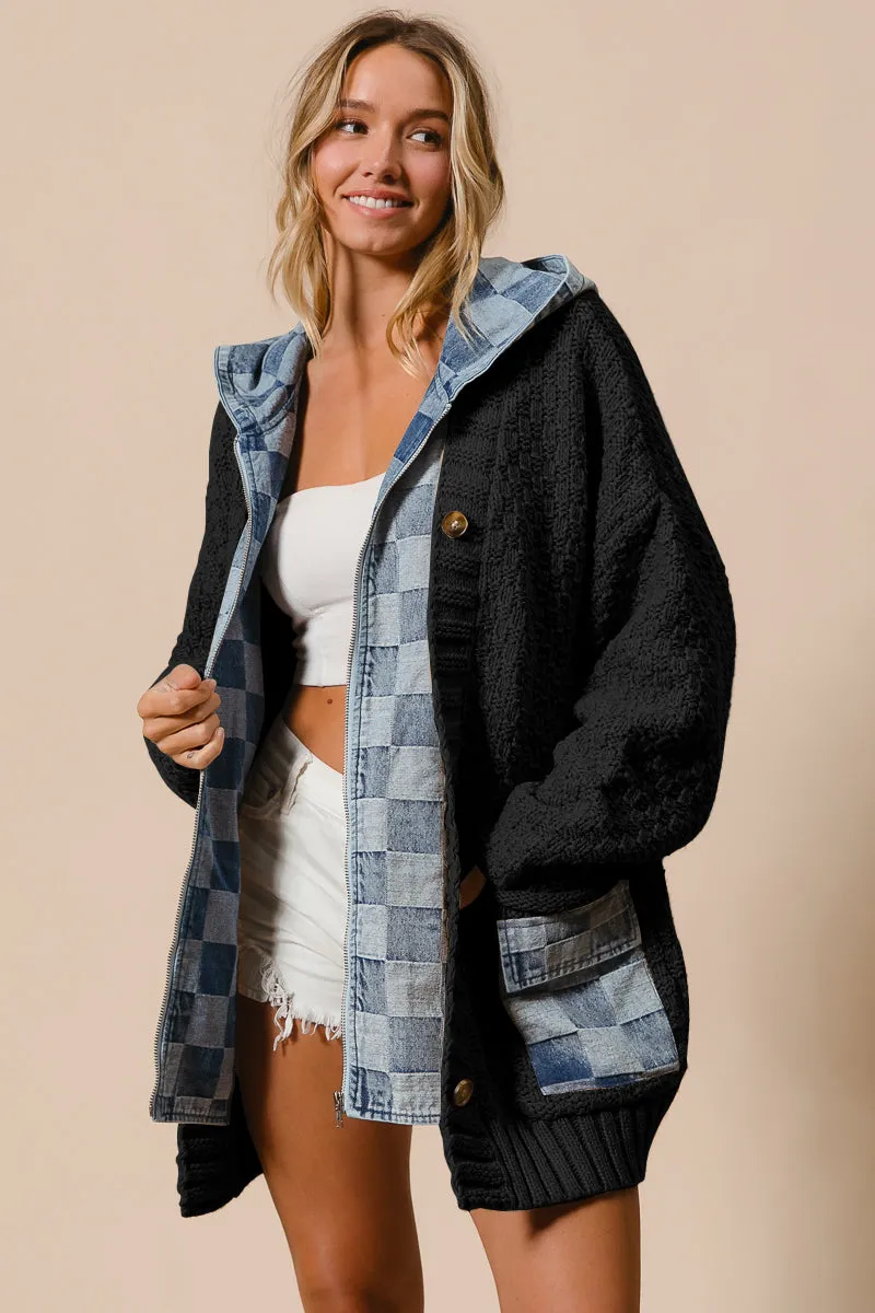IP5489G-03 | WASHED CHECKER DENIM ZIP UP SWEATER CARDIGAN ripstop fabric