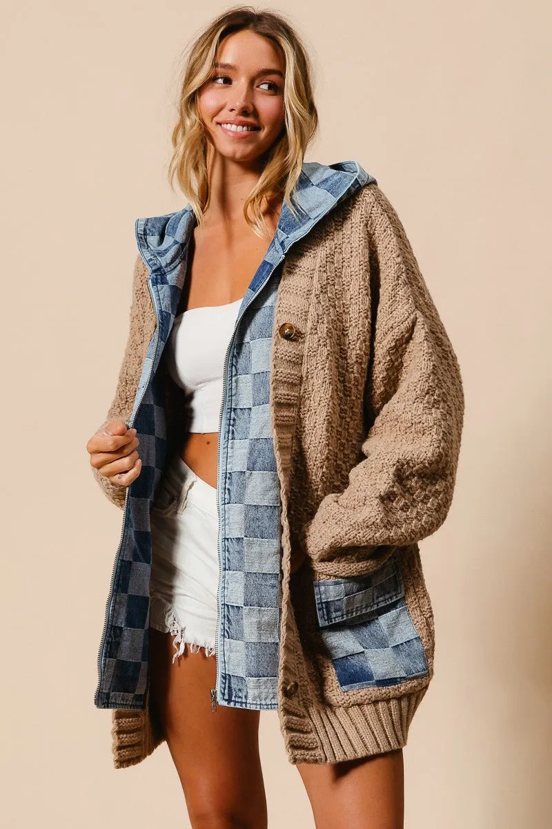 Tagless Neckline Design Compression Packability IP5489G-03 | WASHED CHECKER DENIM ZIP UP SWEATER CARDIGAN