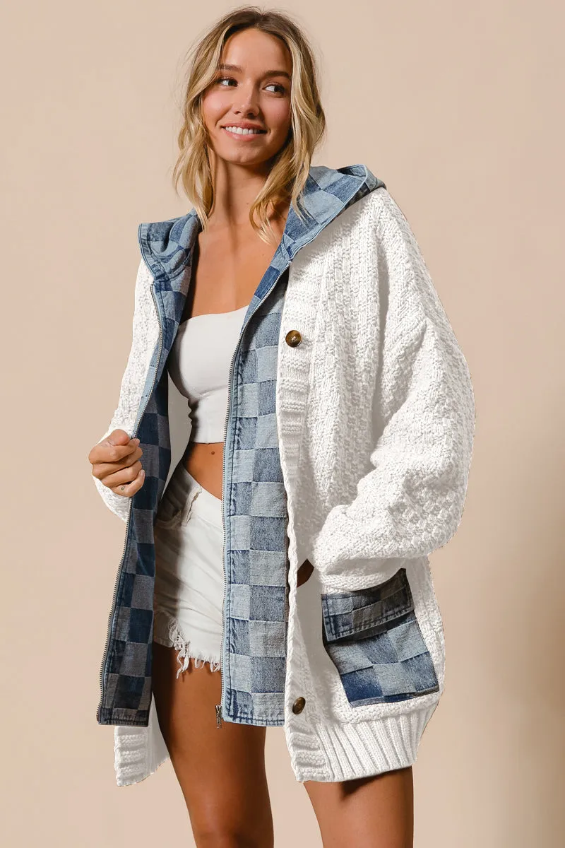IP5489G-03 | WASHED CHECKER DENIM ZIP UP SWEATER CARDIGAN Casual City