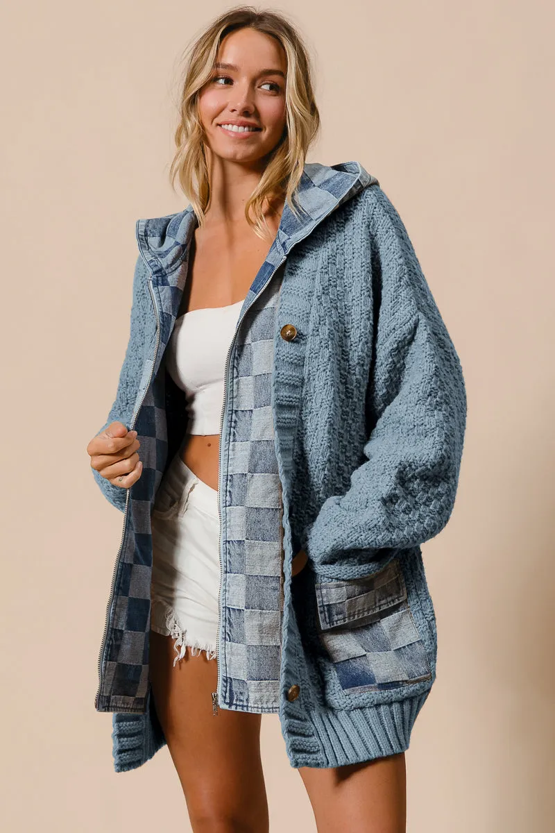 IP5489G-03 | WASHED CHECKER DENIM ZIP UP SWEATER CARDIGAN Minimal Travel Look