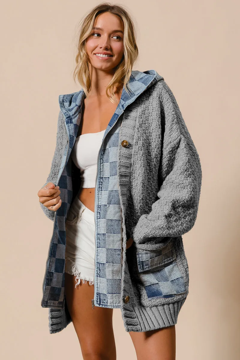 IP5489G-03 | WASHED CHECKER DENIM ZIP UP SWEATER CARDIGAN Auxiliary Attachment Points