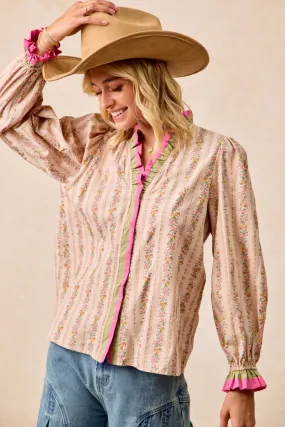 Softshell Technology Drop Tail Hem IT4527G-02 | FLORAL STRIPES PRINTED TOP WITH RUFFLE EDGE DETAIL