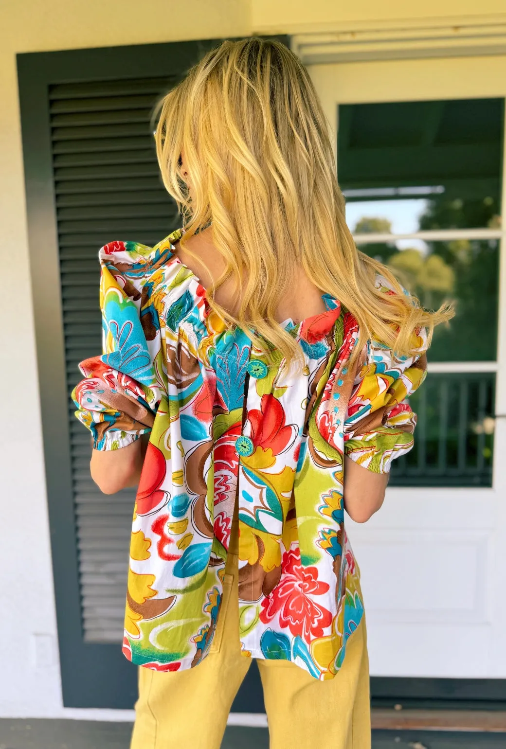 Eco Conscious Packaging Stretch Weave Construction Button Back Bettie Ann Blouse -  Graffiti