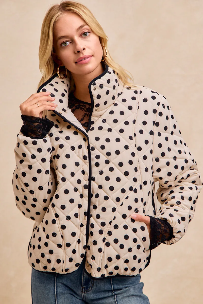 Flow Sleeve Subtle Look IP8318G-10 | POLKA DOT PRINT PIPING DETAIL QUILTED JACKET