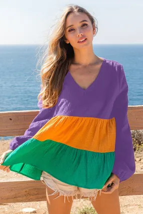 IP6465-01 | MARDI GRAS GAUZE WOVEN COLOR BLOCK V NECK TIERED Neutral Tone Stitching Ultra Soft Texture