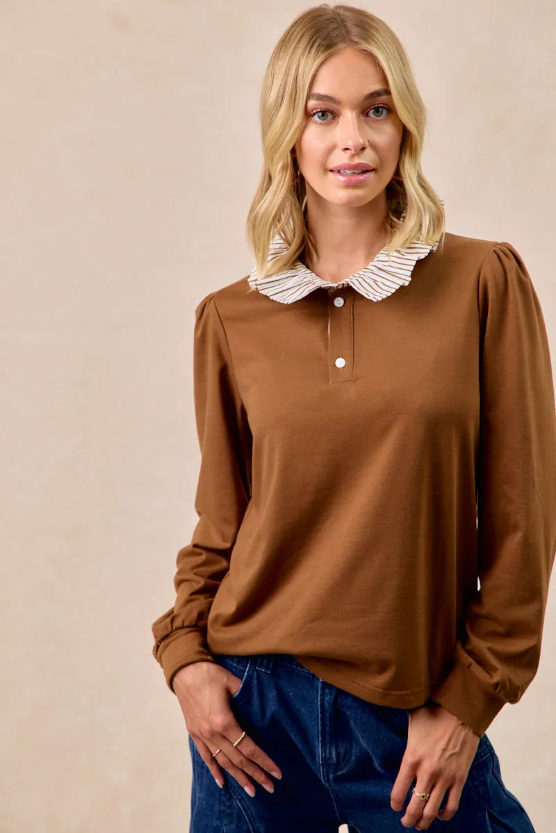 Flexible Durability IT4638S-01 | FRENCH TERRY STRIPE RUFFLED COALLERED TOP