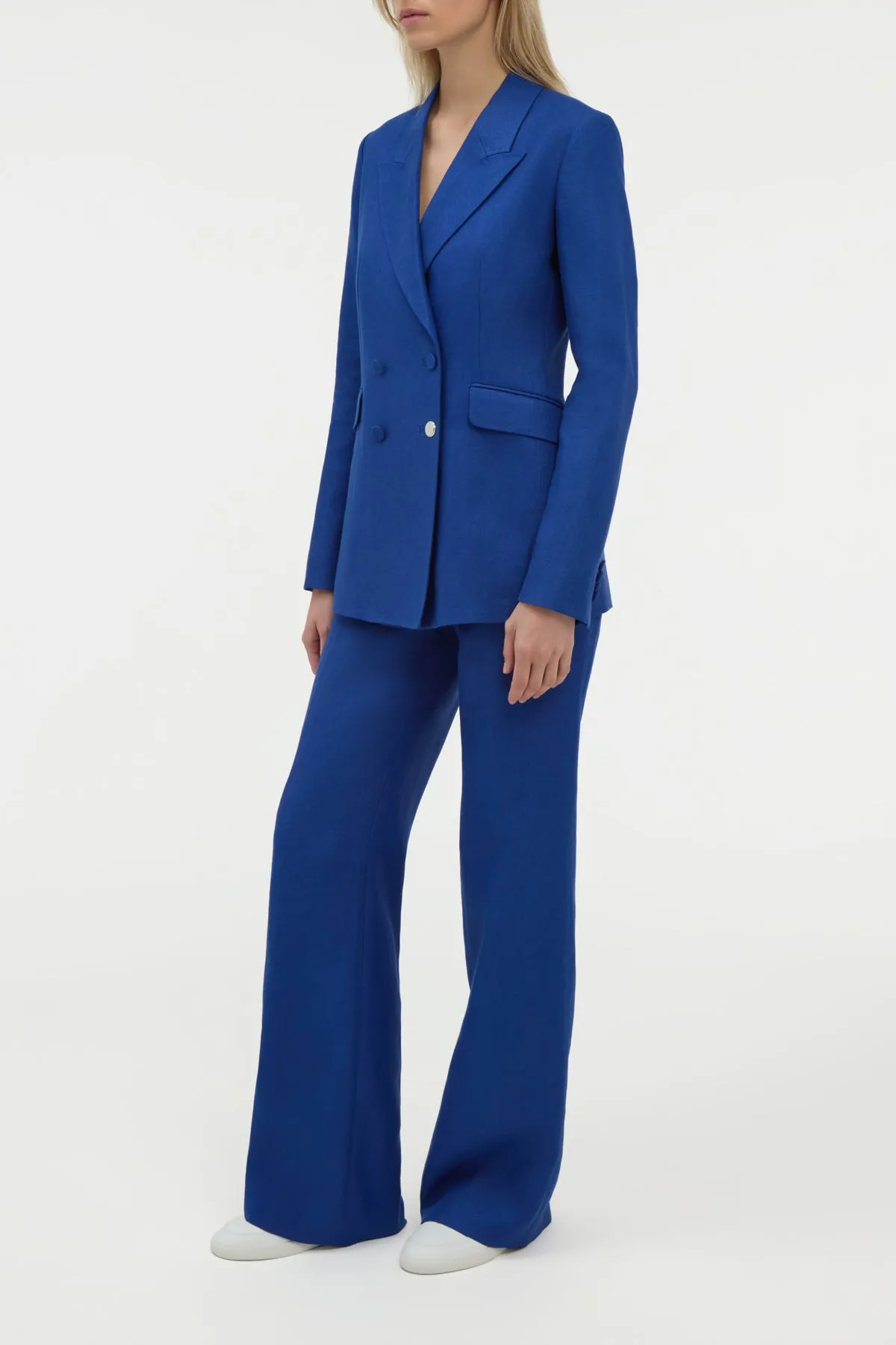 Vesta Flare Pant in Cobalt Linen Twill Bonded Seam Technique Raw Edge Finish