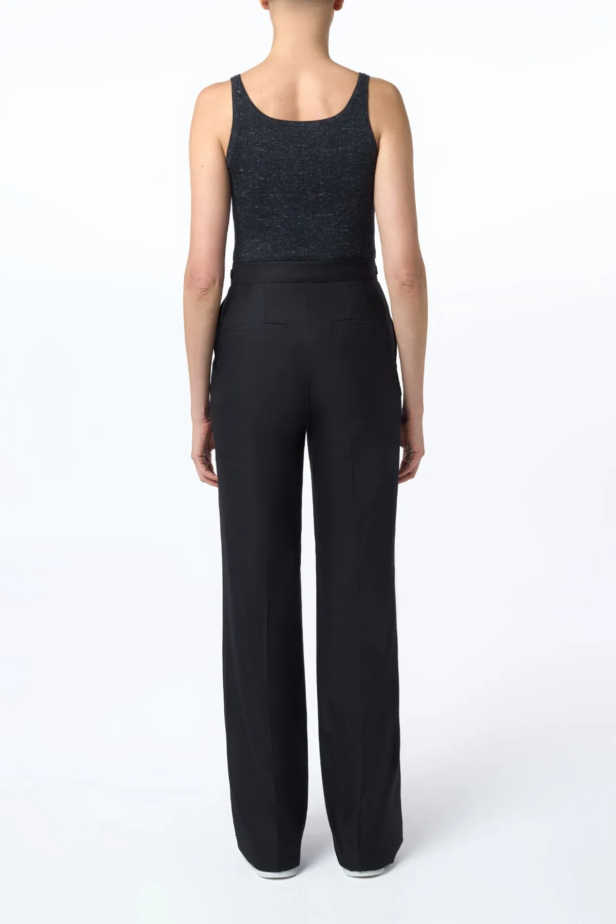 Vesta Flared Pant in Black Virgin Wool Silk with Linen LowProfileZipperSystem