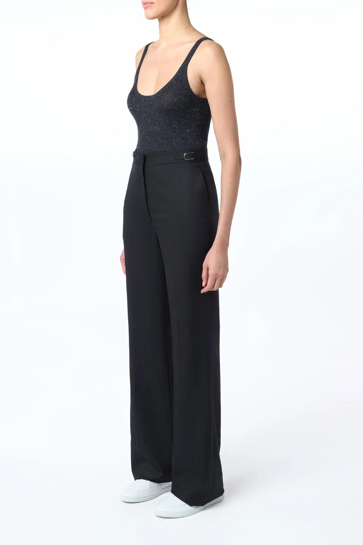 Lightweight Design Vesta Flared Pant in Black Virgin Wool Silk with Linen