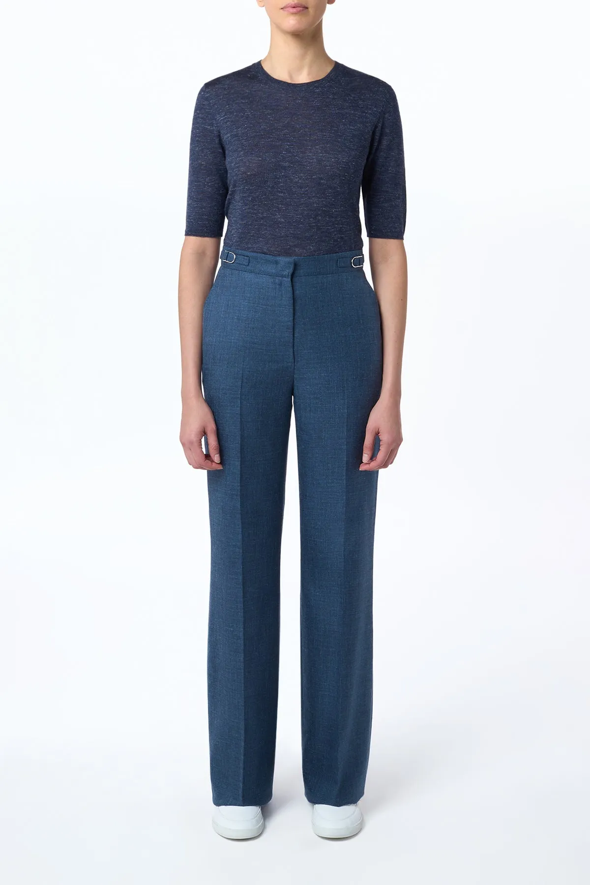 BoxySilhouette Vesta Flared Pant in Denim Virgin Wool Silk with Linen