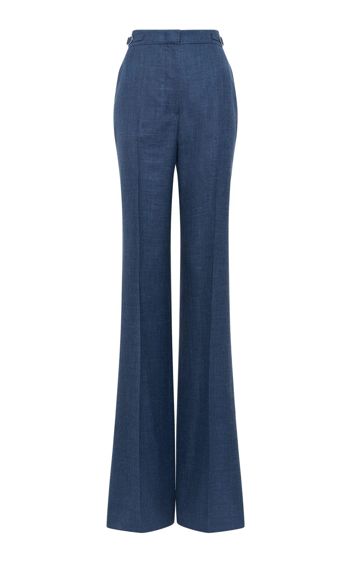 Vesta Flared Pant in Denim Virgin Wool Silk with Linen Contrast Stitch Detailing ReinforcedHem