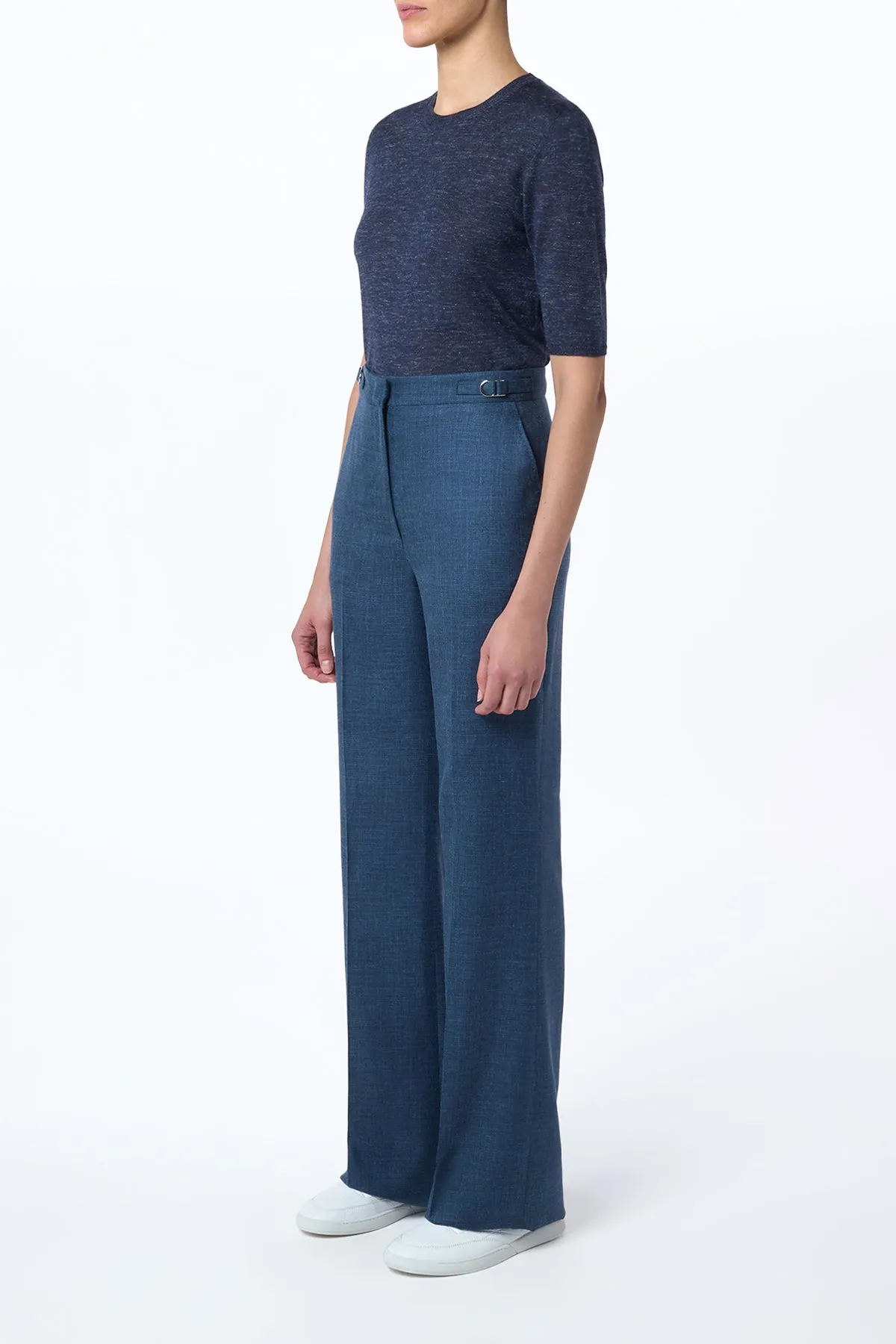 SecurePockets Modern Polo Vesta Flared Pant in Denim Virgin Wool Silk with Linen