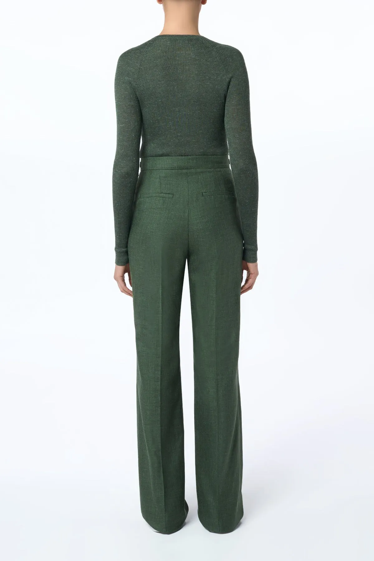 Classic Crew Neck Anti Pilling Finish Vesta Flared Pant in Olive Virgin Wool Silk with Linen