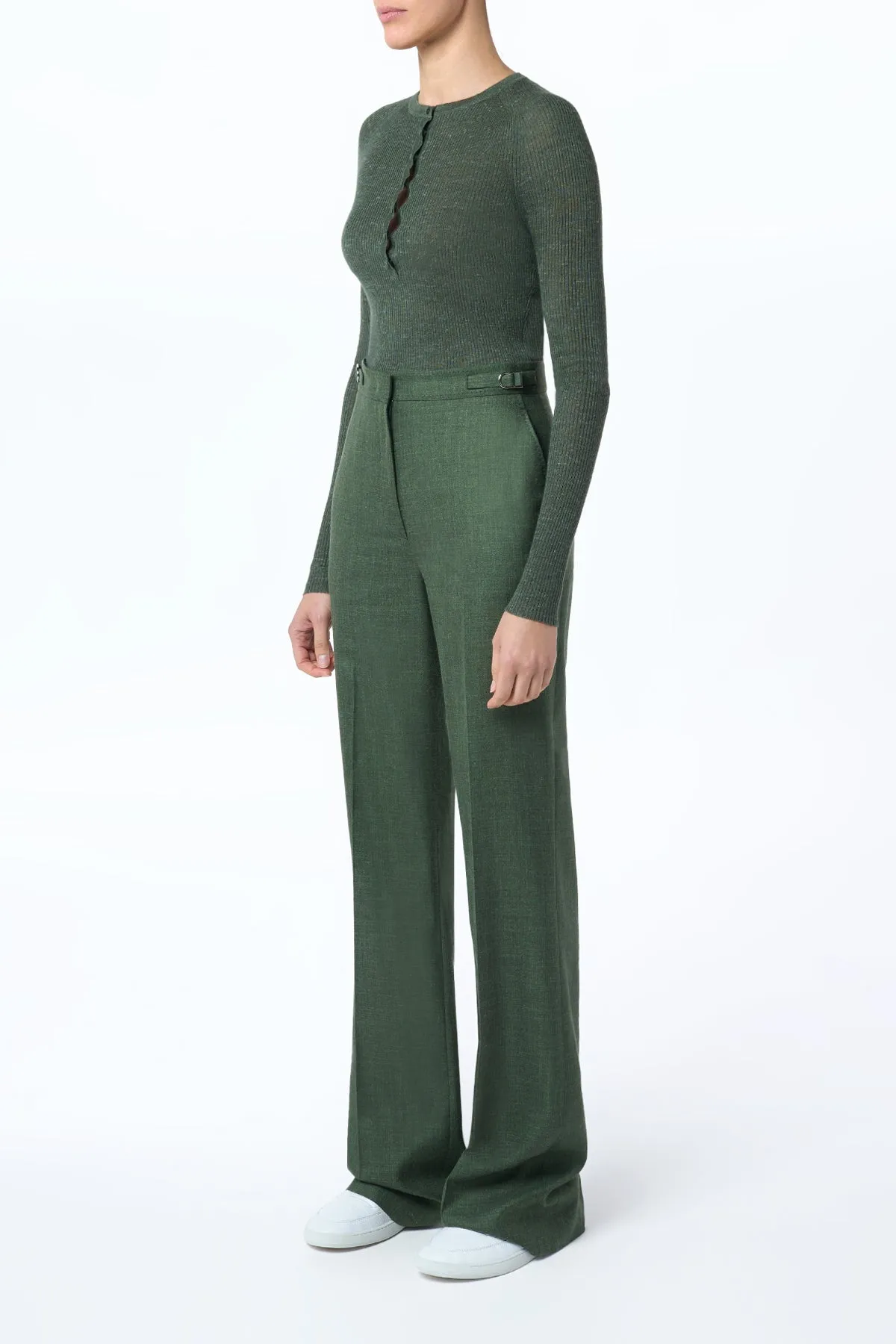 Bound Seam Edges MultiDirectionalStretch Vesta Flared Pant in Olive Virgin Wool Silk with Linen