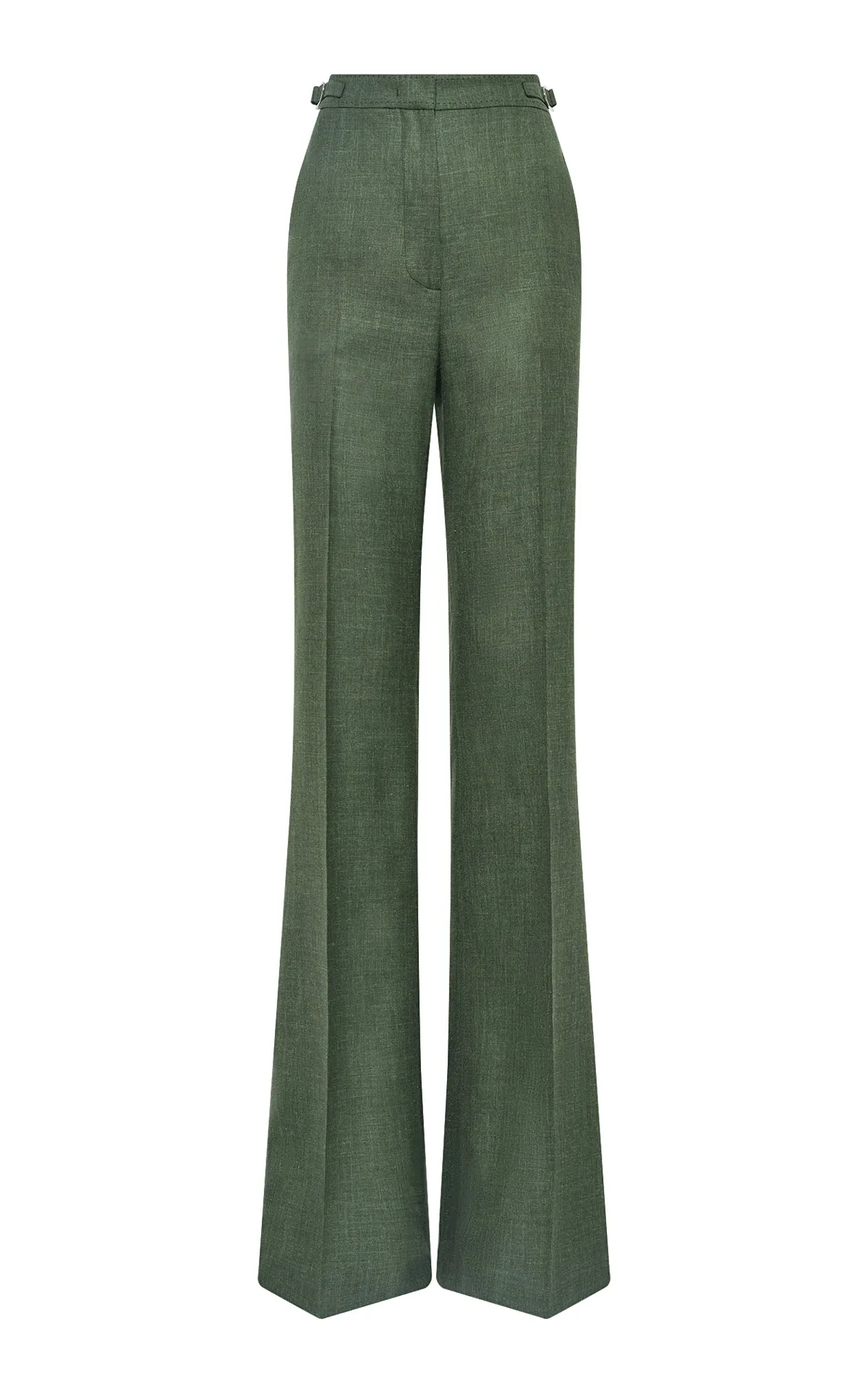 Oversized Silhouette Fade Resistant Treatment Vesta Flared Pant in Olive Virgin Wool Silk with Linen