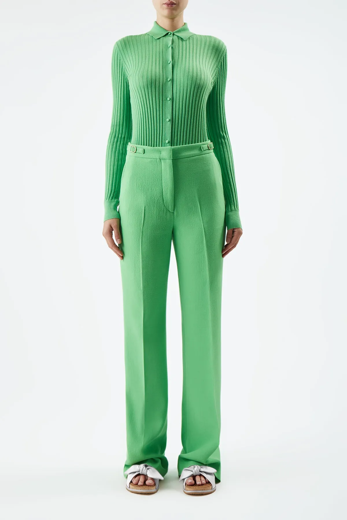 Lightweight pullover Vesta Pant in Fluorescent Green Virgin Wool Crepe