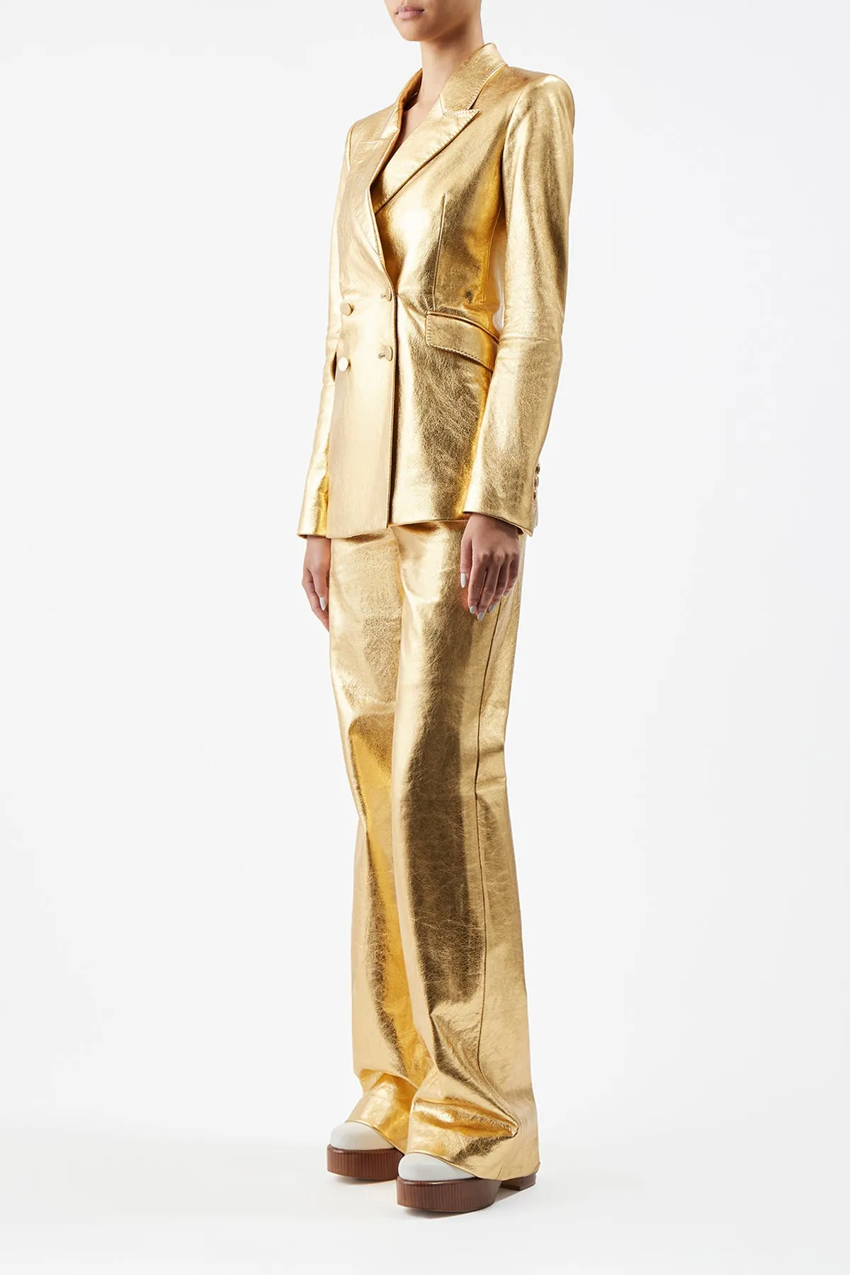 Vesta Pant in Gold Metallic Nappa Leather Scoop Neck Shape Chic Style