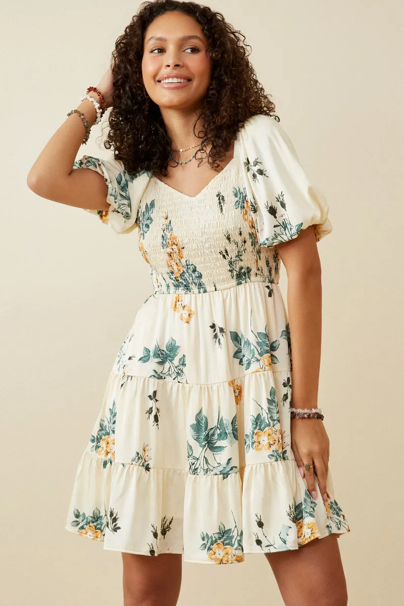 Women Romantic Floral Smocked Sheen Dress Calm Texture