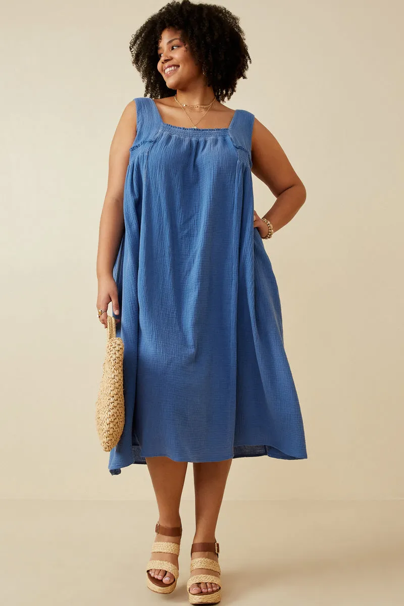 Sleeve Light Washed Textured Smock Detail Tank Dress