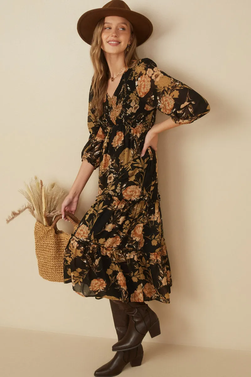 Romantic Floral Panel Smocked V Neck Dress Natural Tones