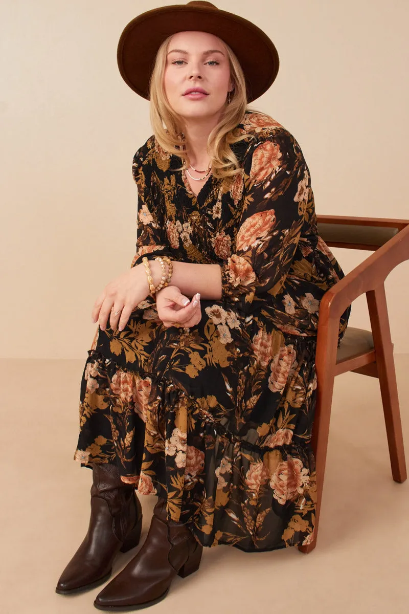 Polished Form Romantic Floral Panel Smocked V Neck Dress