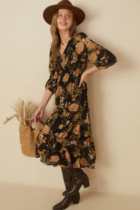 Romantic Floral Panel Smocked V Neck Dress Functional Wear