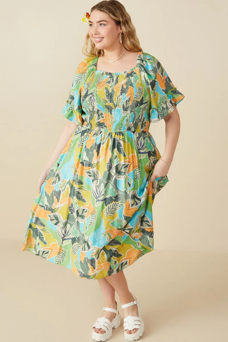 Slimming Shape Vivid Botanical Print Smocked Square Neck Dress