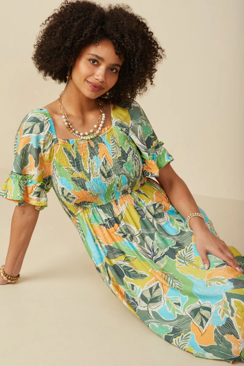 Fall Fashion Relaxed-fit Vivid Botanical Print Smocked Square Neck Dress