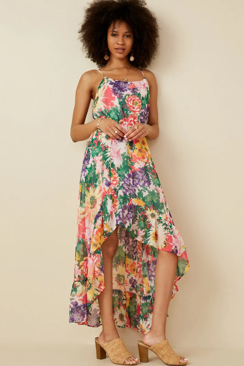 Movement Ready Effortless Style Vivid Floral Asymmetric Ruffle Hem Dress