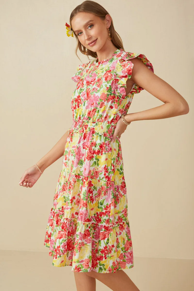 Work Option Vivid Floral Smock Waist Exaggerated Ruffle Dress
