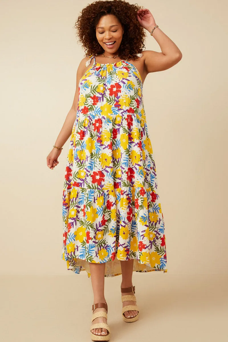 Polite Tone Polished Motion Vivid Floral Tassel Shoulder Tie Linen Blend Dress