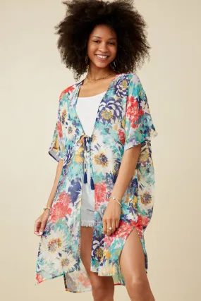 Heat Sealed Seams Vivid Floral Tassel Tie Chiffon Kimono