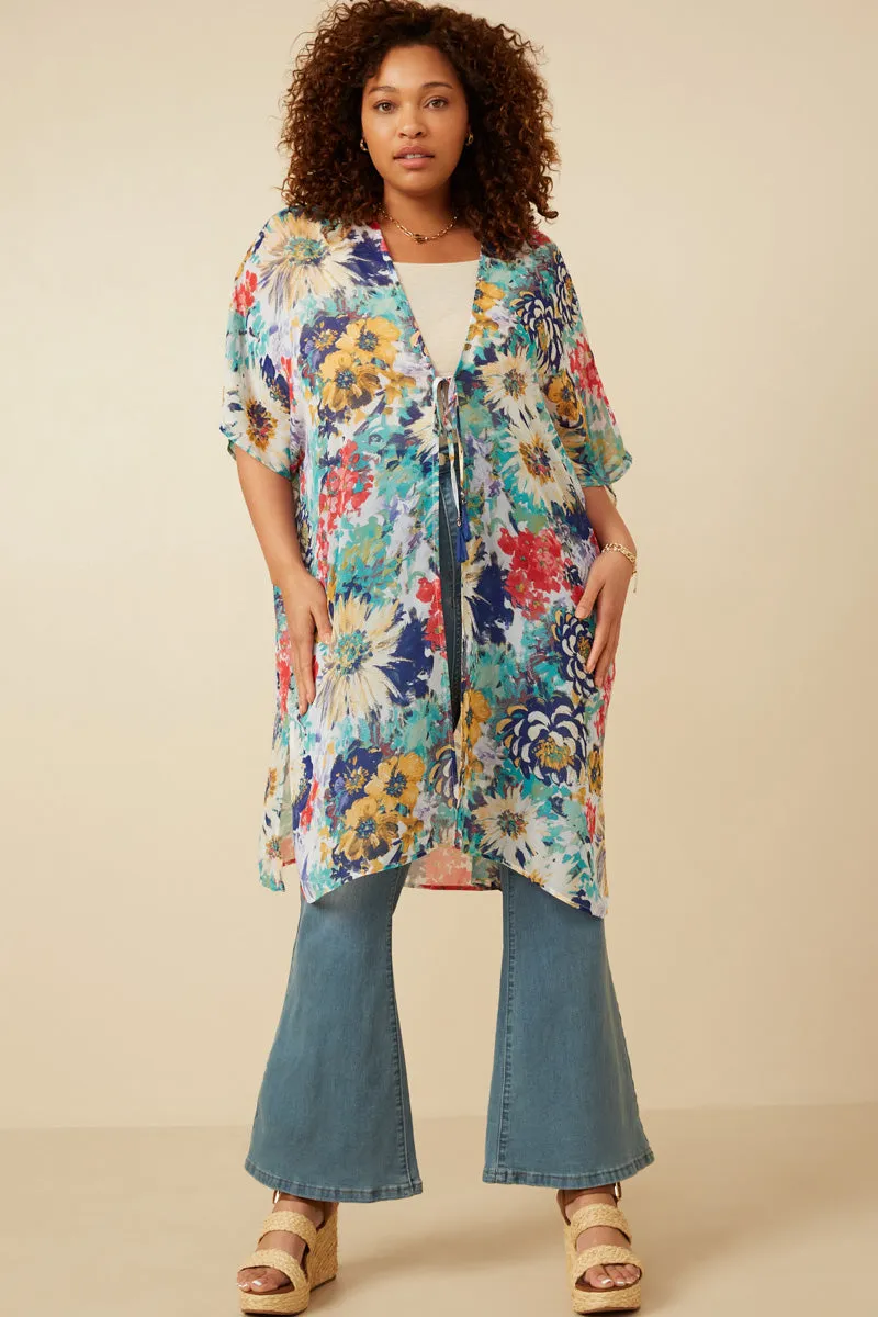 Classic Look Snap Closures Vivid Floral Tassel Tie Chiffon Kimono