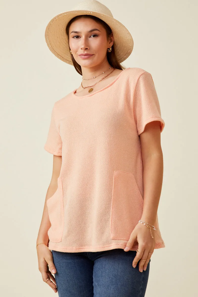 FadeResistant Waffle Knit Patch Pocket Short Sleeve Dolman Top