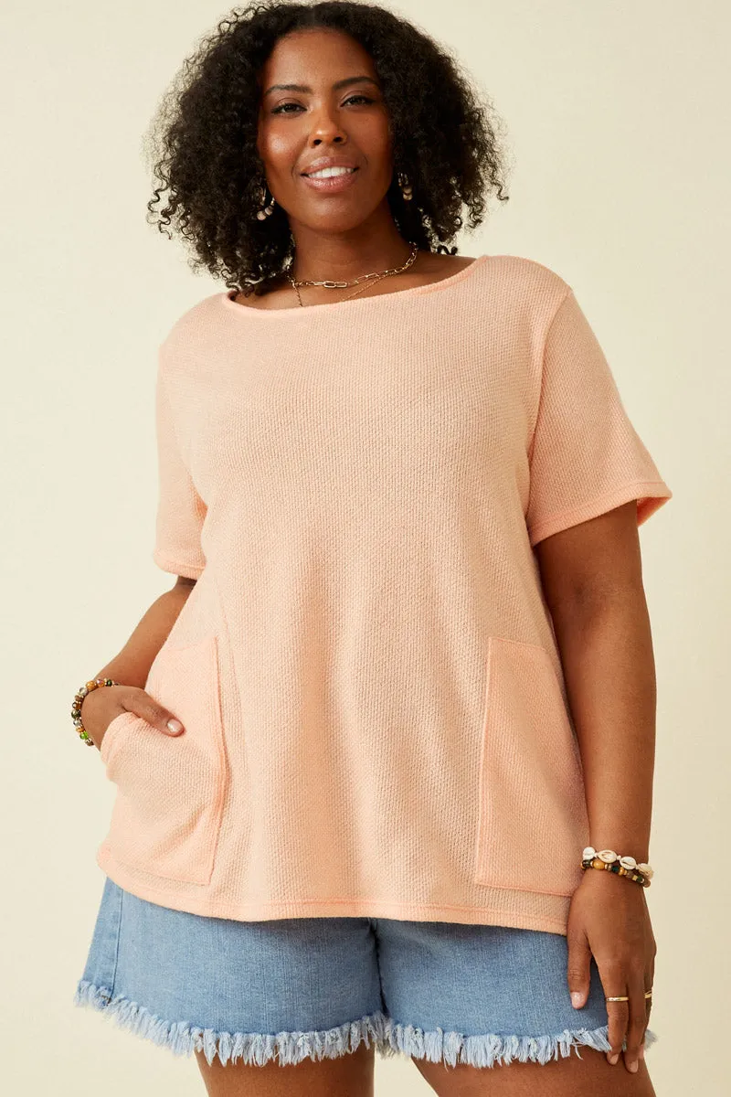 Long Sleeve Shirt VNeckReinforcement Waffle Knit Patch Pocket Short Sleeve Dolman Top