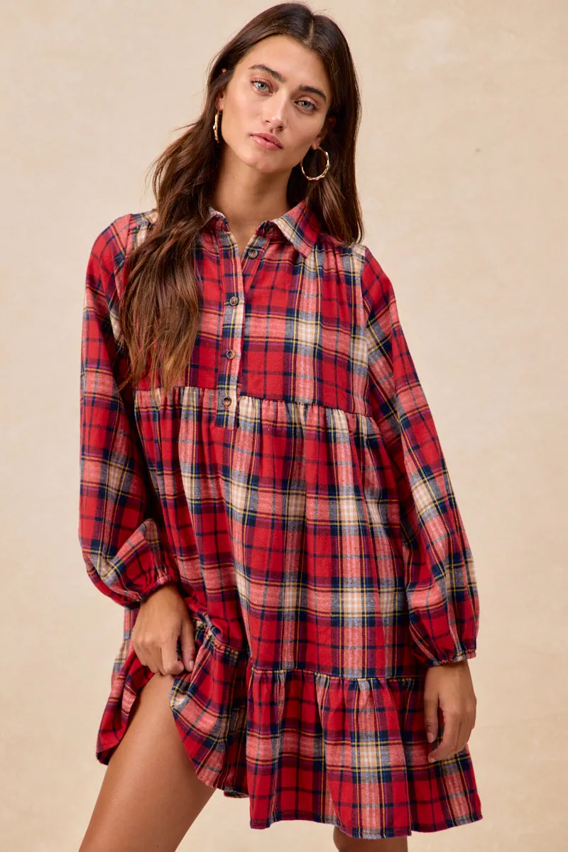 mesh ventilation Weatherproof Zippers ID2029S-19 | PLAID WOVEN SHRRING BUTTONED TIERED SHIRT DRESS