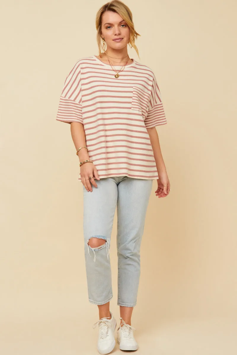 Waffle Textured Mixed Stripe Oversize Knit Tee Anti Pilling Technology