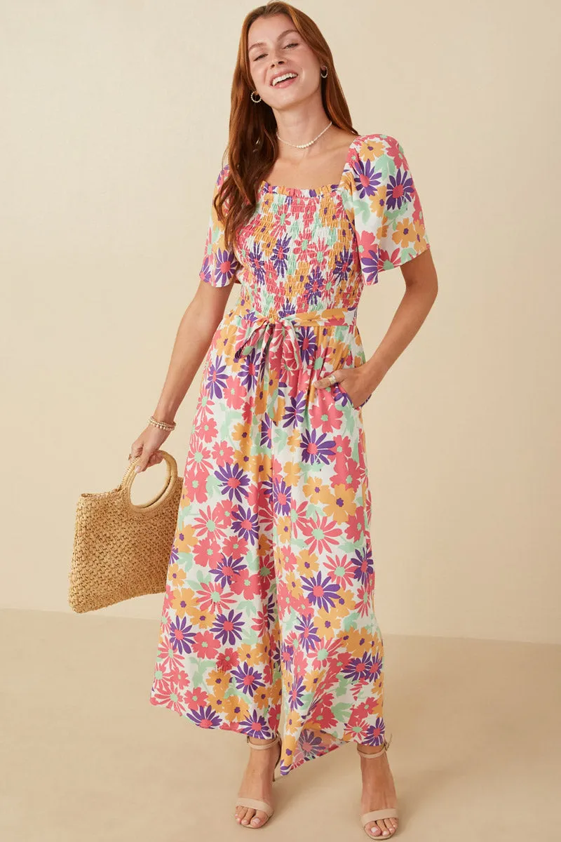 Stud-Detail Vivid Floral Self Belt Smocked Jumpsuit