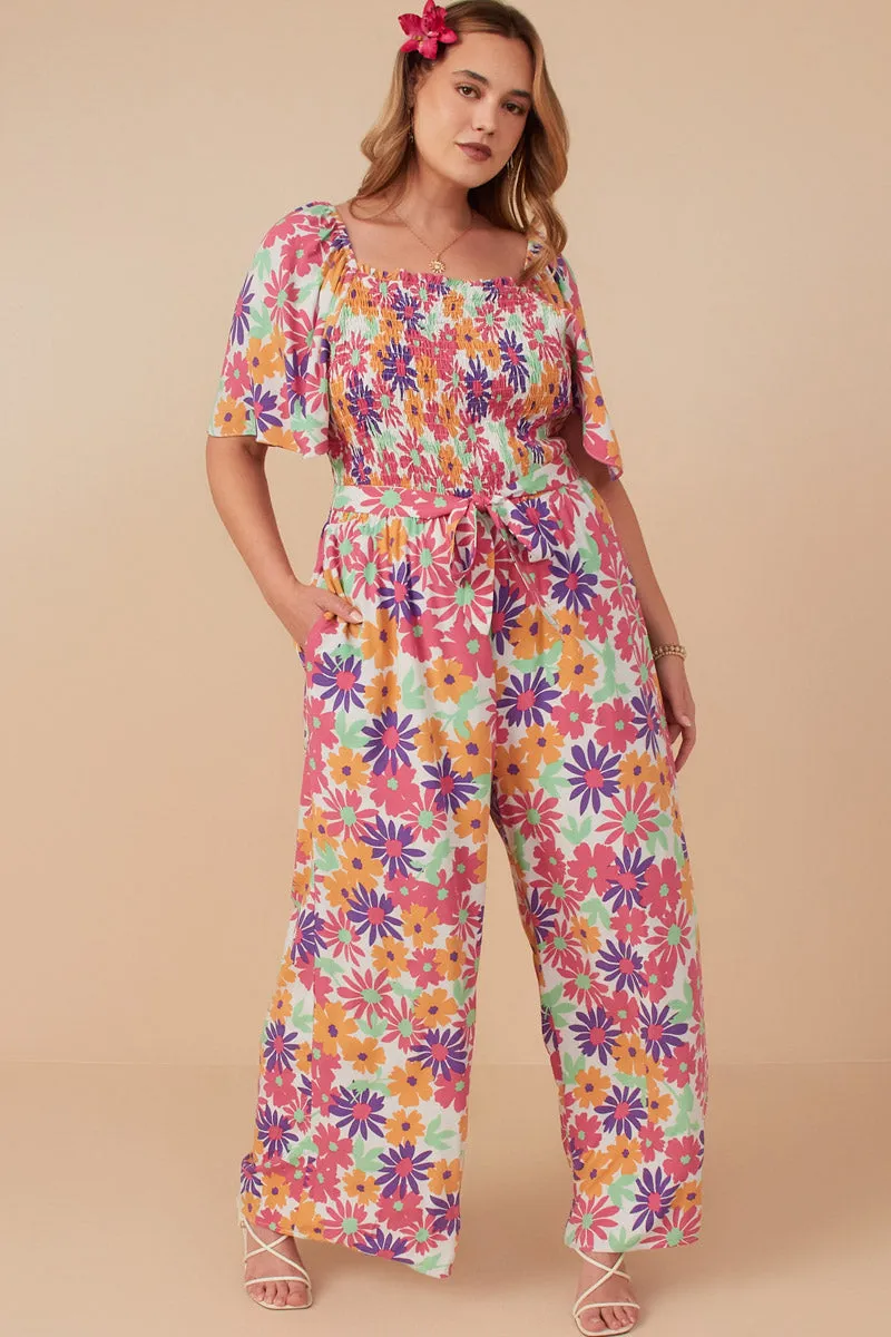 Flow Line Vivid Floral Self Belt Smocked Jumpsuit