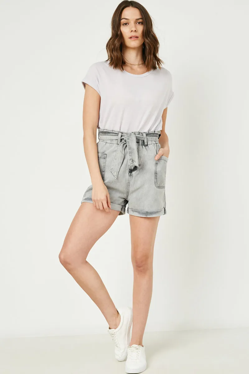 Waist Tie Washed Cargo Pocket Denim Decorative stitching