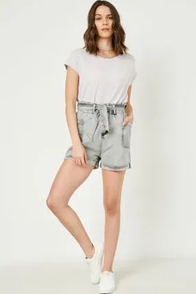 Waist Tie Washed Cargo Pocket Denim Decorative stitching