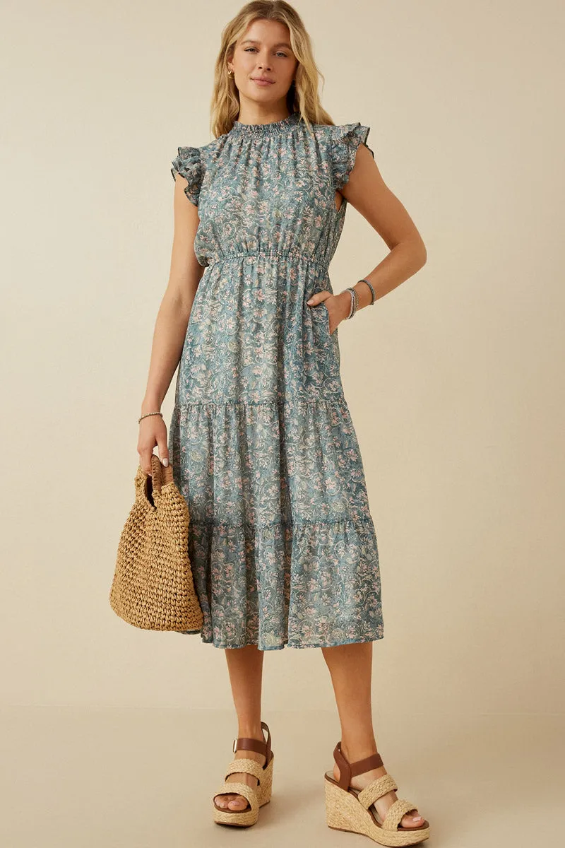 Botanical Print Ruffle Detail Chiffon Dress Modern Layering