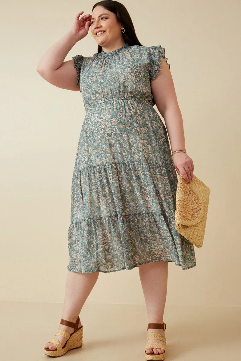 Botanical Print Ruffle Detail Chiffon Dress Theater-Night Built-In-Slip