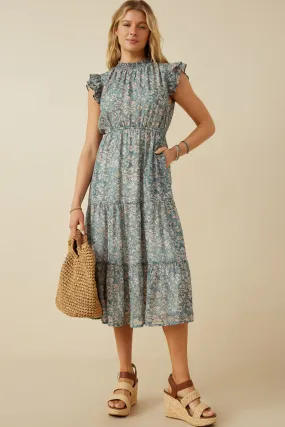 Summer Staple Bell-Sleeve Botanical Print Ruffle Detail Chiffon Dress