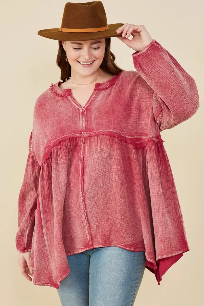 Washed Raw Edge Puff Sleeve Peplum Top TaglessLabel