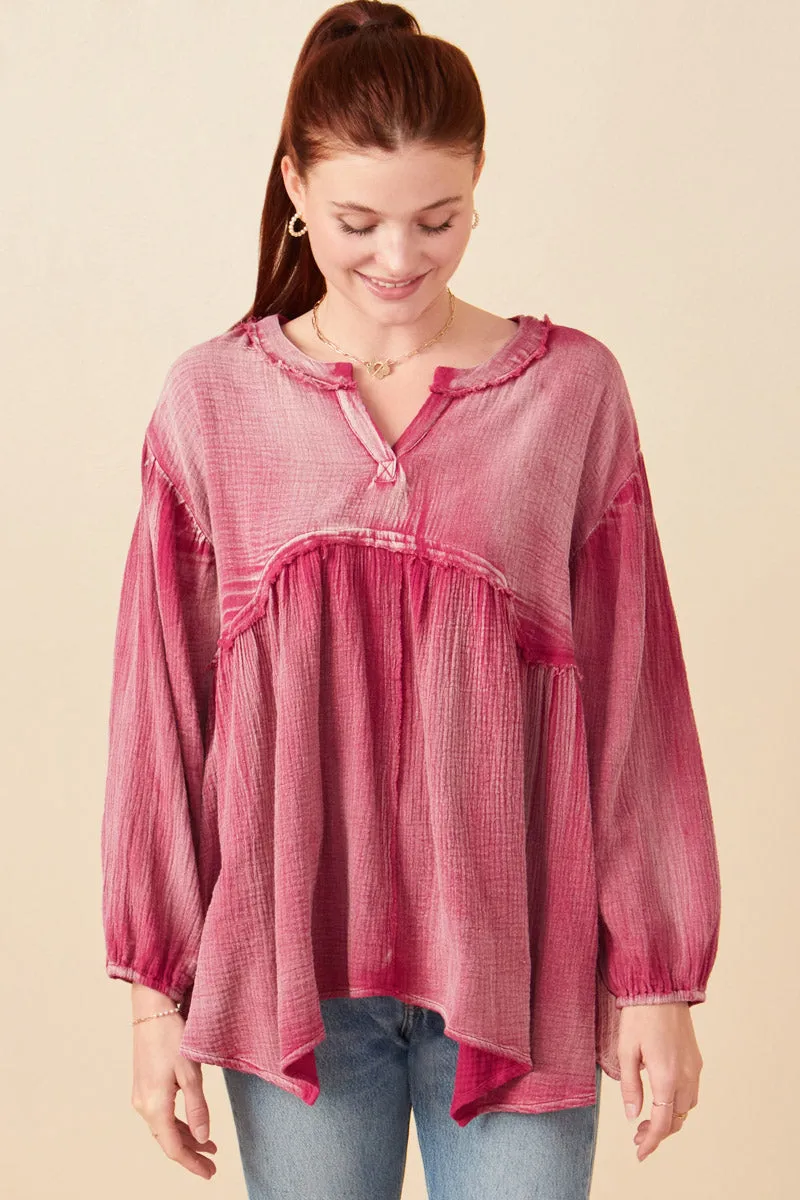 Washed Raw Edge Puff Sleeve Peplum Top Relaxed Tee