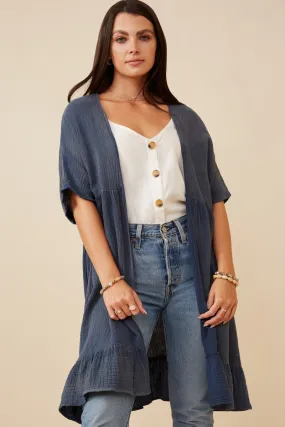 Abrasion Proof Edging Washed Textured Short Sleeve Kimono