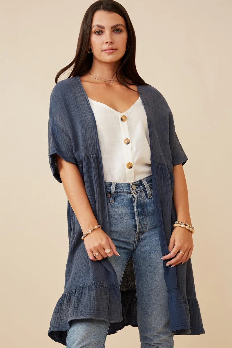 Wind Stop Functional Pockets Style Washed Textured Short Sleeve Kimono