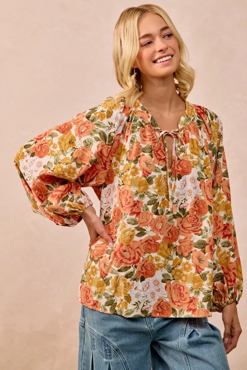 Tagless Neckline Design IT4362G-09 | FLORAL PRINT BALLOON SLEEVES TOP WITH FRONT TIE